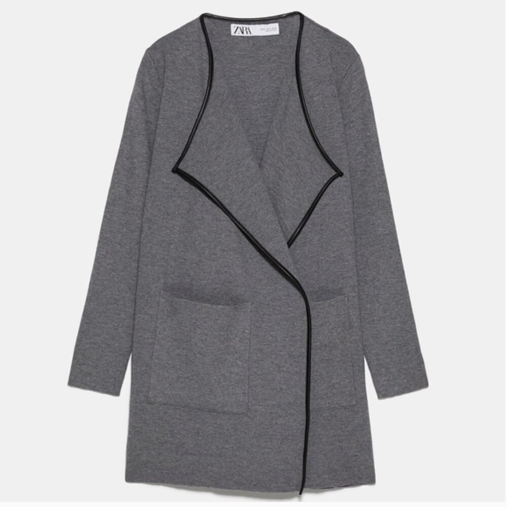 Zara Knit Marble Cardigan Coat Faux Leather Trim